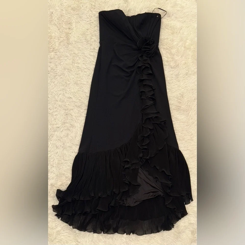 NEW Tadashi Shoji Pleated Strapless Ruffle LEITH RUFFLE Black BOS24386L gown XL